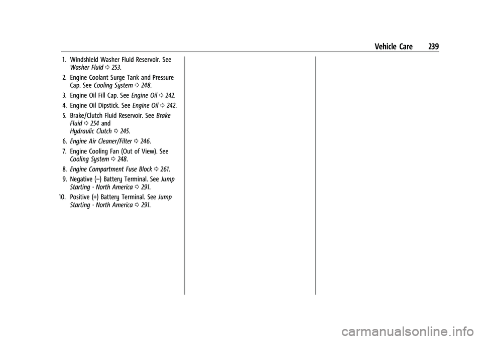 CHEVROLET CAMARO 2021 Owners Manual Chevrolet Camaro Owner Manual (GMNA-Localizing-U.S./Canada/Mexico-
14583589) - 2021 - CRC - 10/1/20
Vehicle Care 239
1. Windshield Washer Fluid Reservoir. SeeWasher Fluid 0253.
2. Engine Coolant Surge CHEVROLET CAMARO 2021 Owners Manual Chevrolet Camaro Owner Manual (GMNA-Localizing-U.S./Canada/Mexico-
14583589) - 2021 - CRC - 10/1/20
Vehicle Care 239
1. Windshield Washer Fluid Reservoir. SeeWasher Fluid 0253.
2. Engine Coolant Surge