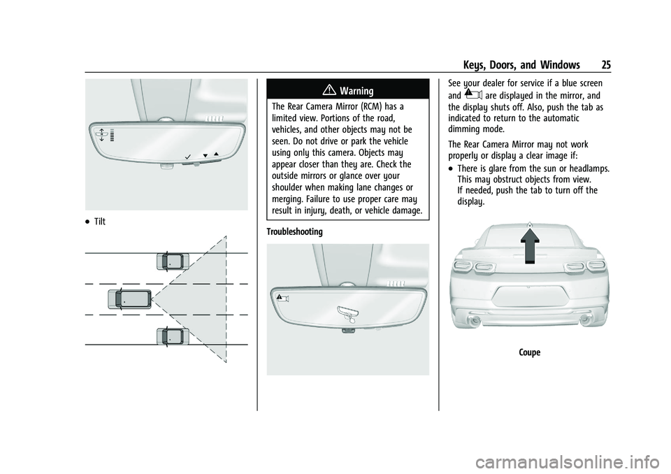 CHEVROLET CAMARO 2021  Owners Manual Chevrolet Camaro Owner Manual (GMNA-Localizing-U.S./Canada/Mexico-
14583589) - 2021 - CRC - 10/1/20
Keys, Doors, and Windows 25
.Tilt
{Warning
The Rear Camera Mirror (RCM) has a
limited view. Portions