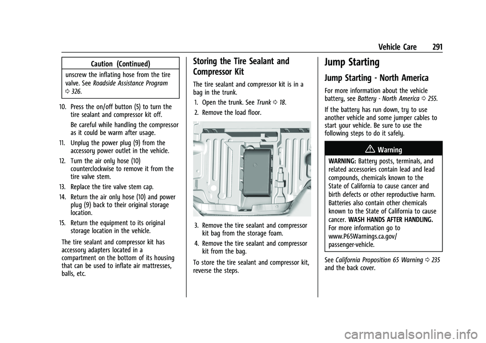 CHEVROLET CAMARO 2021 Owners Manual Chevrolet Camaro Owner Manual (GMNA-Localizing-U.S./Canada/Mexico-
14583589) - 2021 - CRC - 10/1/20
Vehicle Care 291
Caution (Continued)
unscrew the inflating hose from the tire
valve. SeeRoadside Ass CHEVROLET CAMARO 2021 Owners Manual Chevrolet Camaro Owner Manual (GMNA-Localizing-U.S./Canada/Mexico-
14583589) - 2021 - CRC - 10/1/20
Vehicle Care 291
Caution (Continued)
unscrew the inflating hose from the tire
valve. SeeRoadside Ass