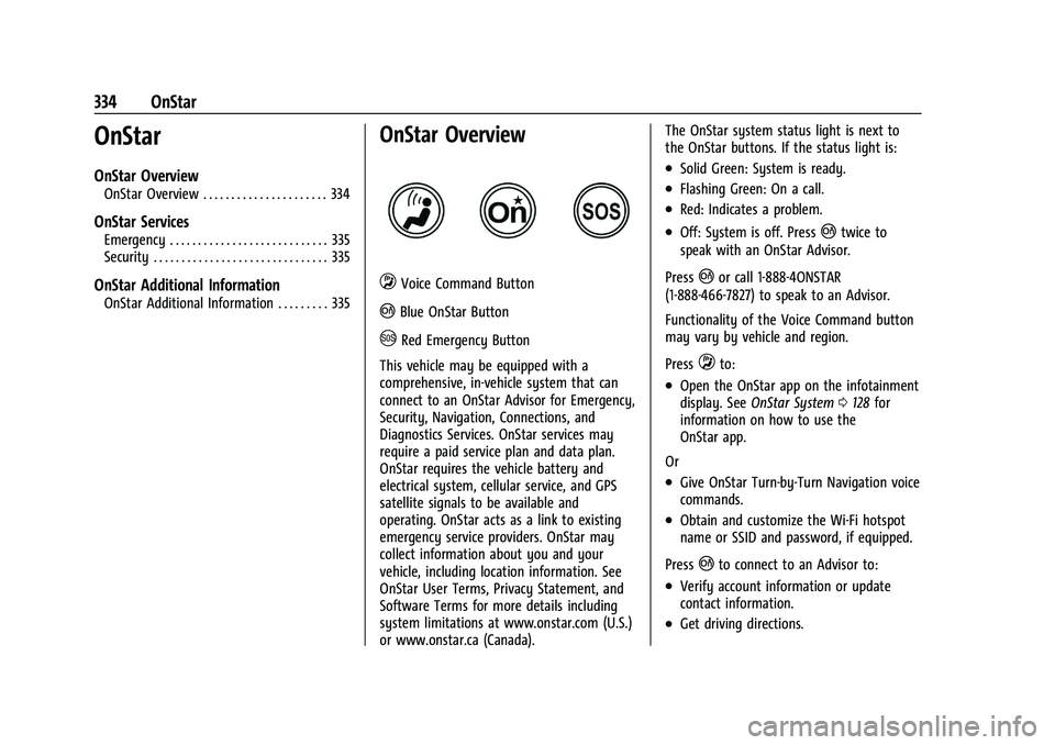 CHEVROLET CAMARO 2021 Owners Guide Chevrolet Camaro Owner Manual (GMNA-Localizing-U.S./Canada/Mexico-
14583589) - 2021 - CRC - 10/1/20
334 OnStar
OnStar
OnStar Overview
OnStar Overview . . . . . . . . . . . . . . . . . . . . . . 334
On CHEVROLET CAMARO 2021 Owners Guide Chevrolet Camaro Owner Manual (GMNA-Localizing-U.S./Canada/Mexico-
14583589) - 2021 - CRC - 10/1/20
334 OnStar
OnStar
OnStar Overview
OnStar Overview . . . . . . . . . . . . . . . . . . . . . . 334
On