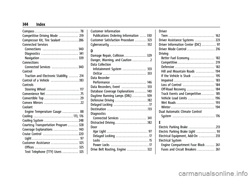 CHEVROLET CAMARO 2021 User Guide Chevrolet Camaro Owner Manual (GMNA-Localizing-U.S./Canada/Mexico-
14583589) - 2021 - CRC - 10/1/20
344 Index
Compass . . . . . . . . . . . . . . . . . . . . . . . . . . . . . . . . . . 78
Competitive