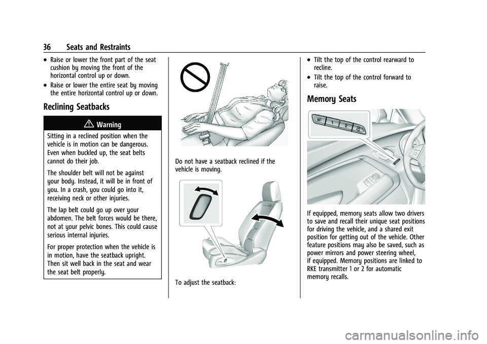 CHEVROLET CAMARO 2021  Owners Manual Chevrolet Camaro Owner Manual (GMNA-Localizing-U.S./Canada/Mexico-
14583589) - 2021 - CRC - 10/1/20
36 Seats and Restraints
.Raise or lower the front part of the seat
cushion by moving the front of th