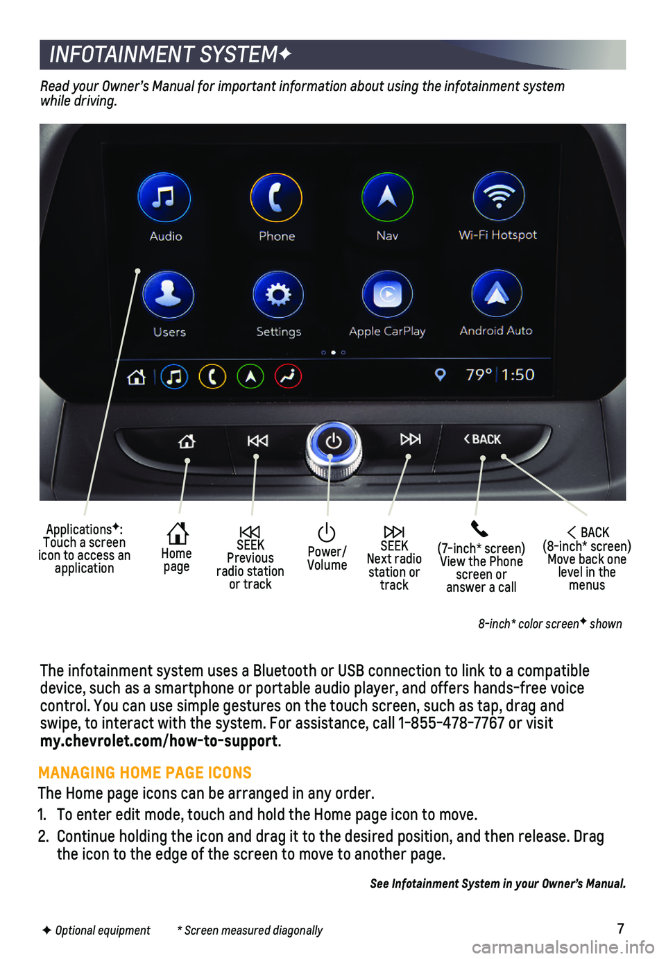 CHEVROLET CAMARO 2021  Get To Know Guide 7
INFOTAINMENT SYSTEMF
The infotainment system uses a Bluetooth or USB connection to link to a \
compatible device, such as a smartphone or portable audio player, and offers hands-\
free voice  
contr