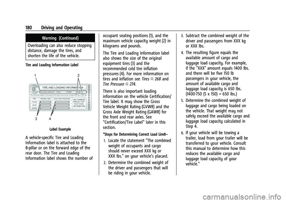 CHEVROLET COLORADO 2021  Owners Manual Chevrolet Colorado Owner Manual (GMNA-Localizing-U.S./Canada/Mexico-
14430421) - 2021 - CRC - 2/10/20
180 Driving and Operating
Warning (Continued)
Overloading can also reduce stopping
distance, damag