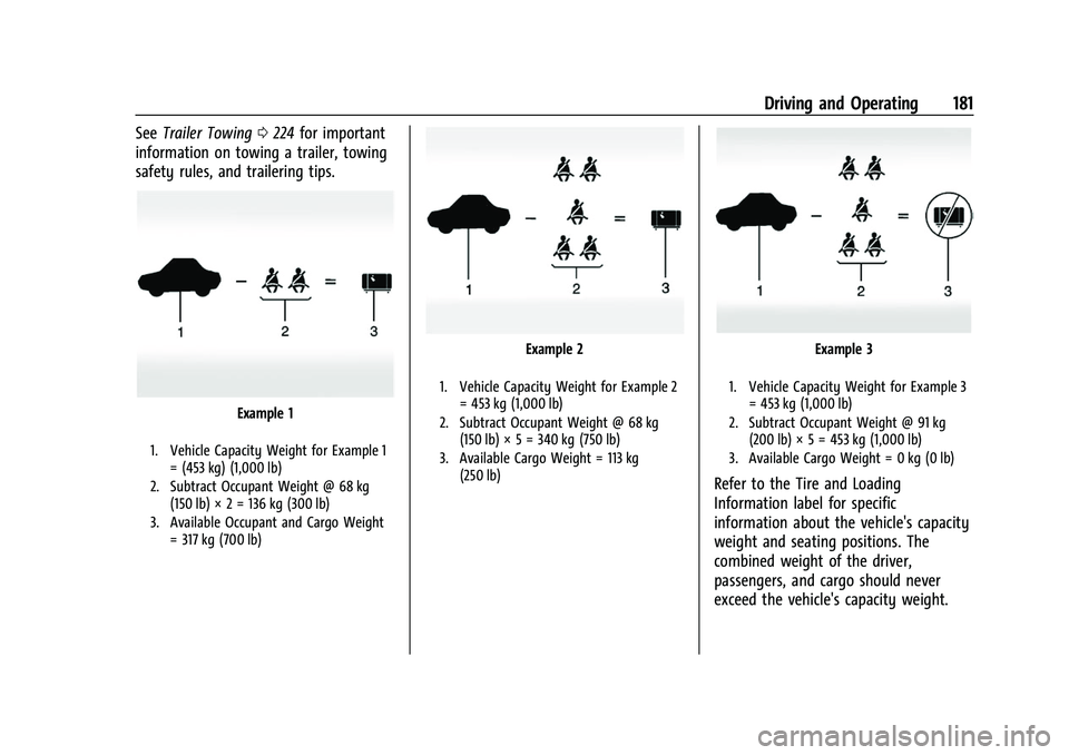 CHEVROLET COLORADO 2021  Owners Manual Chevrolet Colorado Owner Manual (GMNA-Localizing-U.S./Canada/Mexico-
14430421) - 2021 - CRC - 2/10/20
Driving and Operating 181
SeeTrailer Towing 0224 for important
information on towing a trailer, to