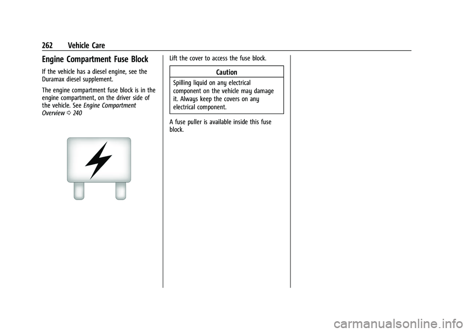 CHEVROLET COLORADO 2021  Owners Manual Chevrolet Colorado Owner Manual (GMNA-Localizing-U.S./Canada/Mexico-
14430421) - 2021 - CRC - 2/10/20
262 Vehicle Care
Engine Compartment Fuse Block
If the vehicle has a diesel engine, see the
Duramax