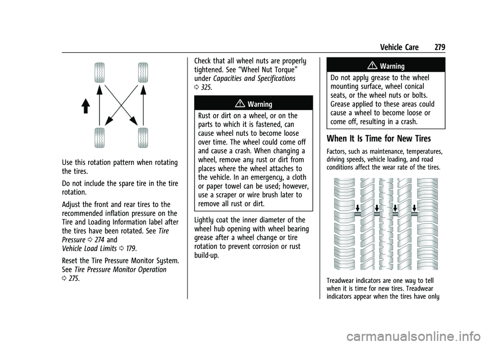 CHEVROLET COLORADO 2021 Owners Manual Chevrolet Colorado Owner Manual (GMNA-Localizing-U.S./Canada/Mexico-
14430421) - 2021 - CRC - 2/10/20
Vehicle Care 279
Use this rotation pattern when rotating
the tires.
Do not include the spare tire CHEVROLET COLORADO 2021 Owners Manual Chevrolet Colorado Owner Manual (GMNA-Localizing-U.S./Canada/Mexico-
14430421) - 2021 - CRC - 2/10/20
Vehicle Care 279
Use this rotation pattern when rotating
the tires.
Do not include the spare tire