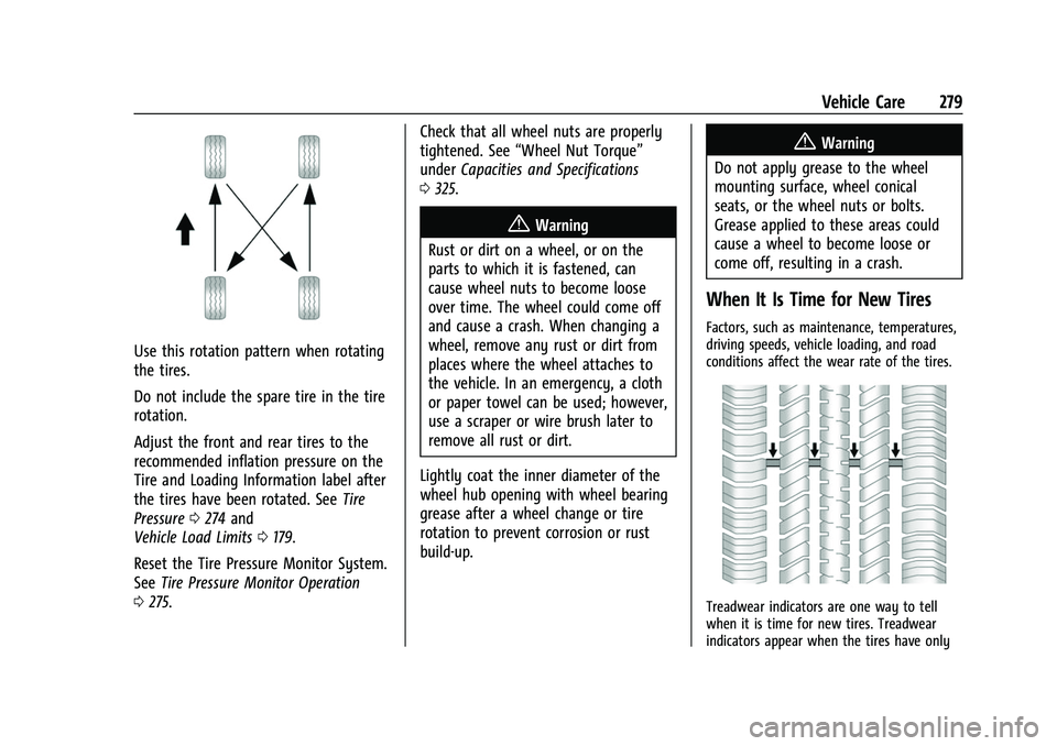 CHEVROLET COLORADO 2021  Owners Manual Chevrolet Colorado Owner Manual (GMNA-Localizing-U.S./Canada/Mexico-
14430421) - 2021 - CRC - 2/10/20
Vehicle Care 279
Use this rotation pattern when rotating
the tires.
Do not include the spare tire 