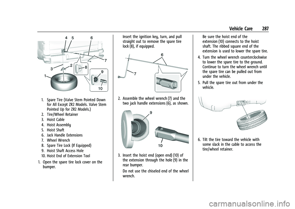 CHEVROLET COLORADO 2021 Owners Manual Chevrolet Colorado Owner Manual (GMNA-Localizing-U.S./Canada/Mexico-
14430421) - 2021 - CRC - 2/10/20
Vehicle Care 287
1. Spare Tire (Valve Stem Pointed Downfor All Except ZR2 Models. Valve Stem
Point CHEVROLET COLORADO 2021 Owners Manual Chevrolet Colorado Owner Manual (GMNA-Localizing-U.S./Canada/Mexico-
14430421) - 2021 - CRC - 2/10/20
Vehicle Care 287
1. Spare Tire (Valve Stem Pointed Downfor All Except ZR2 Models. Valve Stem
Point