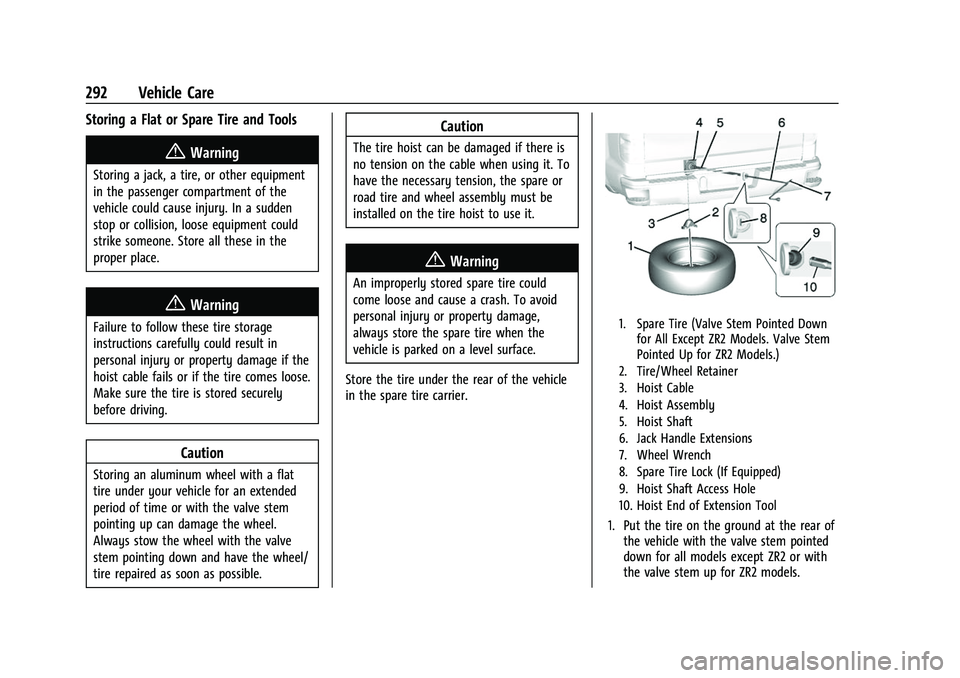 CHEVROLET COLORADO 2021 Owners Manual Chevrolet Colorado Owner Manual (GMNA-Localizing-U.S./Canada/Mexico-
14430421) - 2021 - CRC - 2/10/20
292 Vehicle Care
Storing a Flat or Spare Tire and Tools
{Warning
Storing a jack, a tire, or other CHEVROLET COLORADO 2021 Owners Manual Chevrolet Colorado Owner Manual (GMNA-Localizing-U.S./Canada/Mexico-
14430421) - 2021 - CRC - 2/10/20
292 Vehicle Care
Storing a Flat or Spare Tire and Tools
{Warning
Storing a jack, a tire, or other
