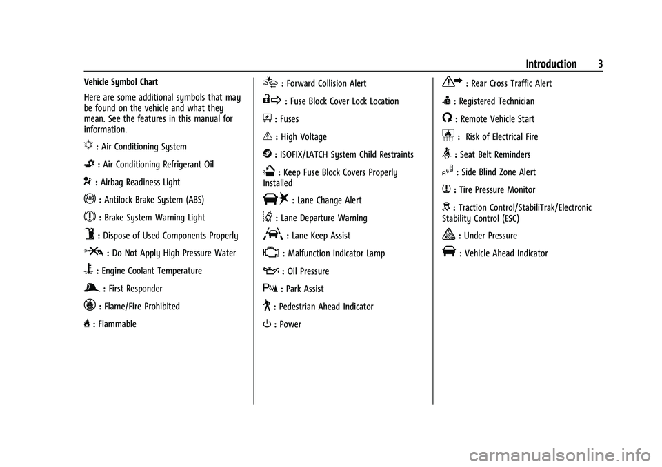 CHEVROLET COLORADO 2021  Owners Manual Chevrolet Colorado Owner Manual (GMNA-Localizing-U.S./Canada/Mexico-
14430421) - 2021 - CRC - 6/17/21
Introduction 3
Vehicle Symbol Chart
Here are some additional symbols that may
be found on the vehi