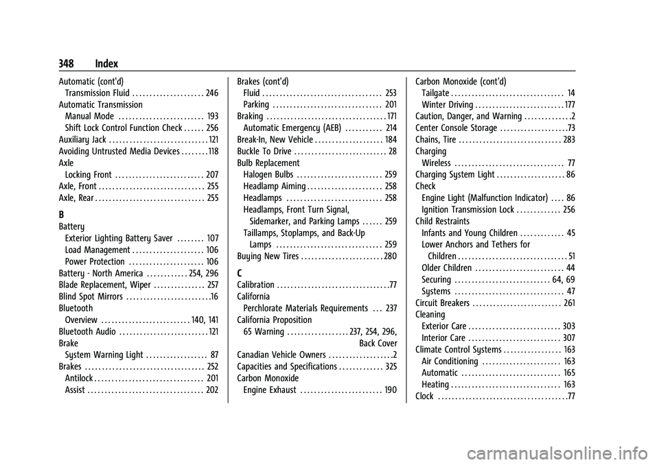 CHEVROLET COLORADO 2021 Owners Guide Chevrolet Colorado Owner Manual (GMNA-Localizing-U.S./Canada/Mexico-
14430421) - 2021 - CRC - 2/10/20
348 Index
Automatic (cont'd)Transmission Fluid . . . . . . . . . . . . . . . . . . . . . 246
A