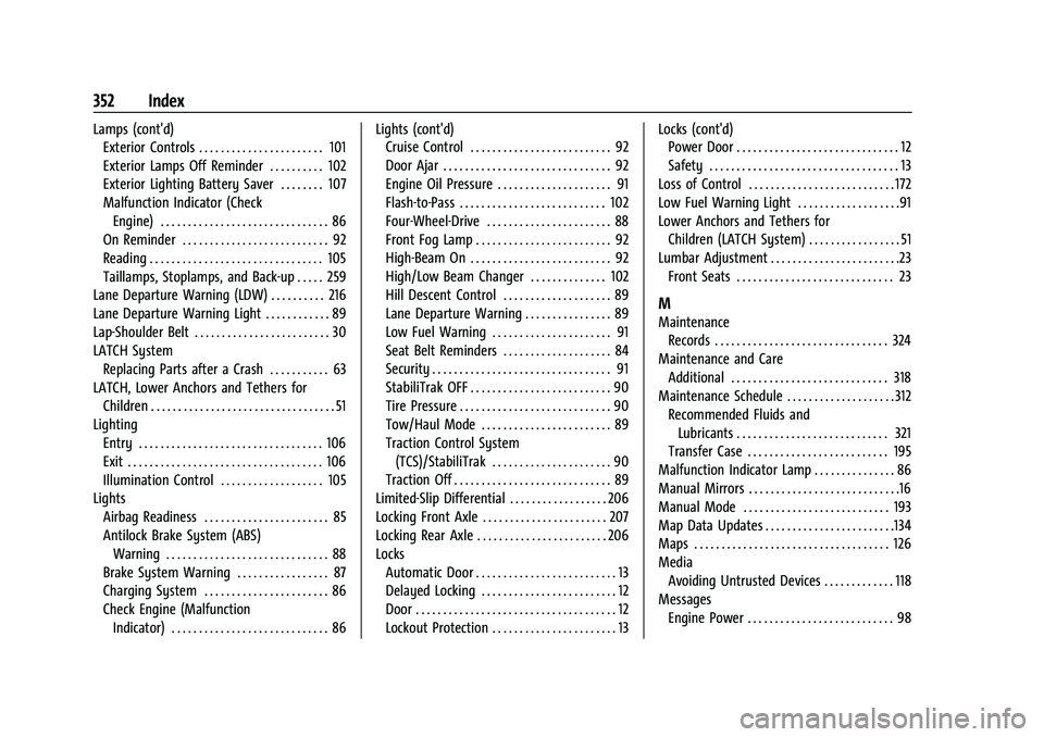 CHEVROLET COLORADO 2021 Owners Guide Chevrolet Colorado Owner Manual (GMNA-Localizing-U.S./Canada/Mexico-
14430421) - 2021 - CRC - 2/10/20
352 Index
Lamps (cont'd)Exterior Controls . . . . . . . . . . . . . . . . . . . . . . . 101
Ex