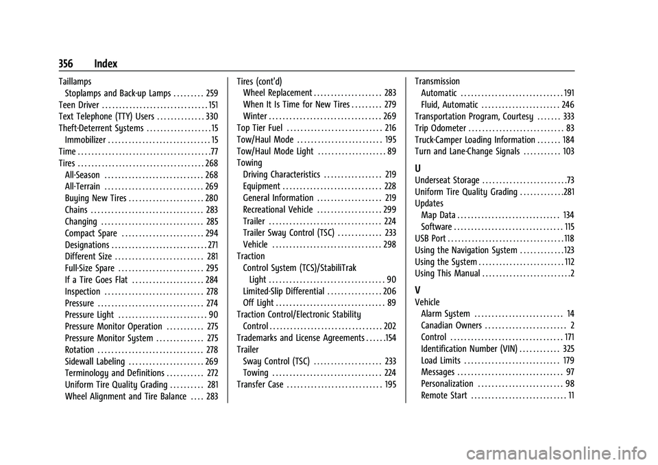 CHEVROLET COLORADO 2021  Owners Manual Chevrolet Colorado Owner Manual (GMNA-Localizing-U.S./Canada/Mexico-
14430421) - 2021 - CRC - 2/10/20
356 Index
TaillampsStoplamps and Back-up Lamps . . . . . . . . . 259
Teen Driver . . . . . . . . .