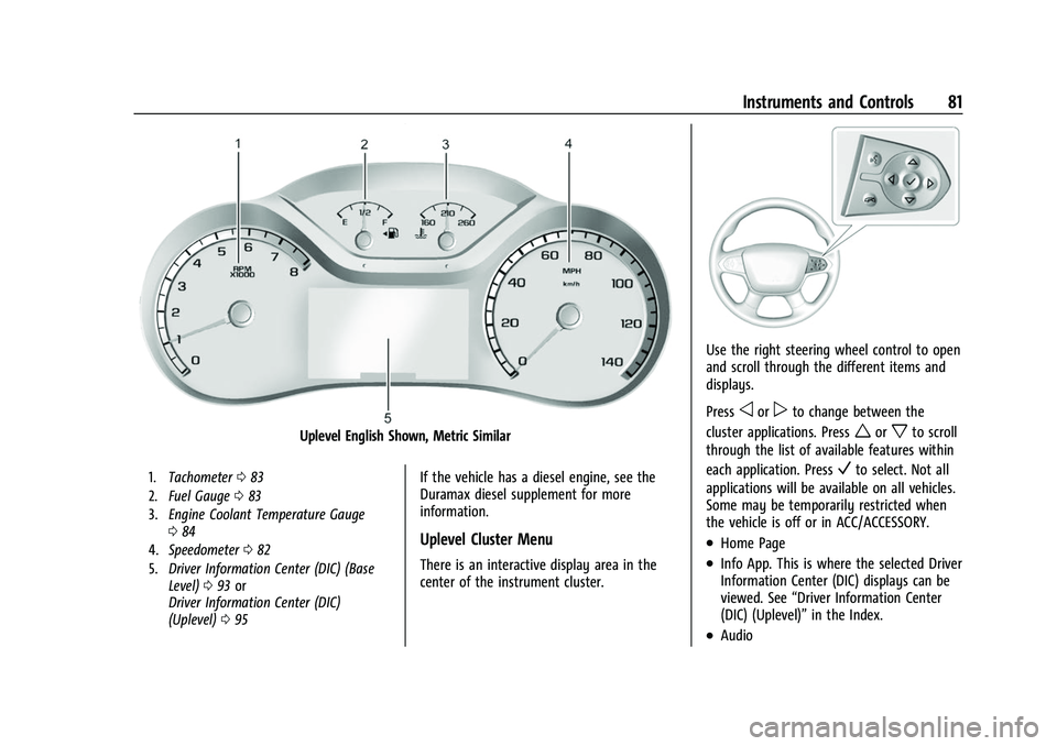 CHEVROLET COLORADO 2021  Owners Manual Chevrolet Colorado Owner Manual (GMNA-Localizing-U.S./Canada/Mexico-
14430421) - 2021 - CRC - 2/10/20
Instruments and Controls 81
Uplevel English Shown, Metric Similar
1.Tachometer 083
2. Fuel Gauge 0