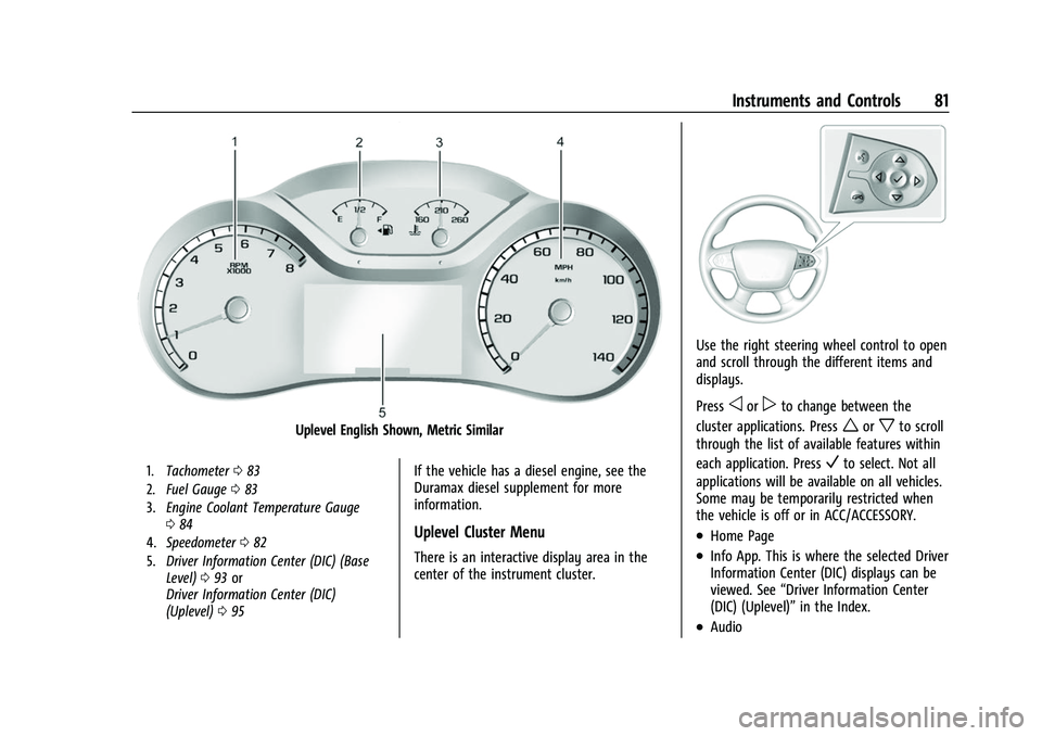 CHEVROLET COLORADO 2021 Manual Online Chevrolet Colorado Owner Manual (GMNA-Localizing-U.S./Canada/Mexico-
14430421) - 2021 - CRC - 2/10/20
Instruments and Controls 81
Uplevel English Shown, Metric Similar
1.Tachometer 083
2. Fuel Gauge 0 CHEVROLET COLORADO 2021 Manual Online Chevrolet Colorado Owner Manual (GMNA-Localizing-U.S./Canada/Mexico-
14430421) - 2021 - CRC - 2/10/20
Instruments and Controls 81
Uplevel English Shown, Metric Similar
1.Tachometer 083
2. Fuel Gauge 0