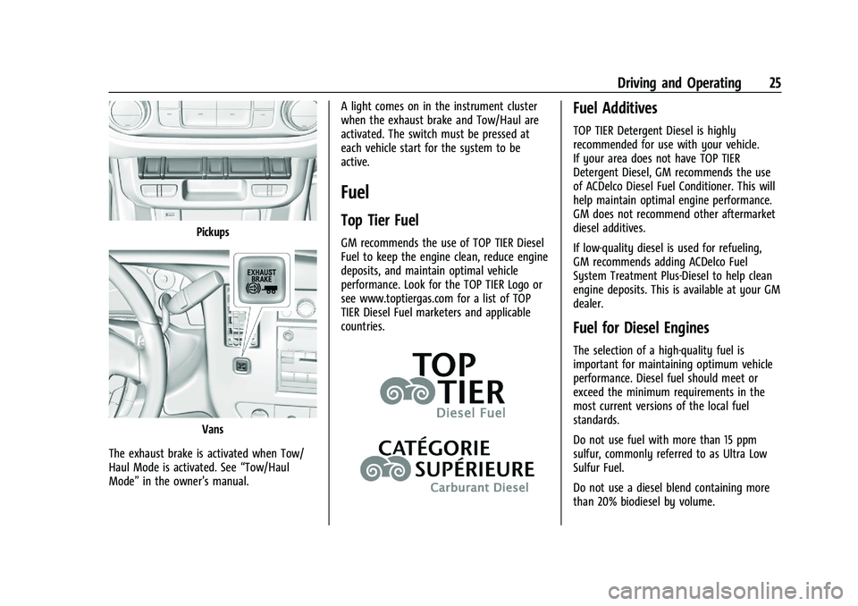 CHEVROLET COLORADO 2021  Duramax Diesel Supplement Chevrolet/GMC 2.8L Duramax Diesel Engine Supplement (GMNA-Localizing-
U.S./Canada-14465442) - 2021 - CRC - 2/3/20
Driving and Operating 25
Pickups
Vans
The exhaust brake is activated when Tow/
Haul Mo