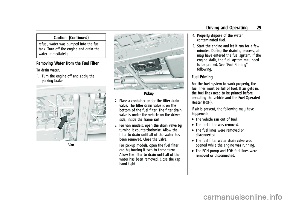 CHEVROLET COLORADO 2021  Duramax Diesel Supplement Chevrolet/GMC 2.8L Duramax Diesel Engine Supplement (GMNA-Localizing-
U.S./Canada-14465442) - 2021 - CRC - 2/3/20
Driving and Operating 29
Caution (Continued)
refuel, water was pumped into the fuel
ta