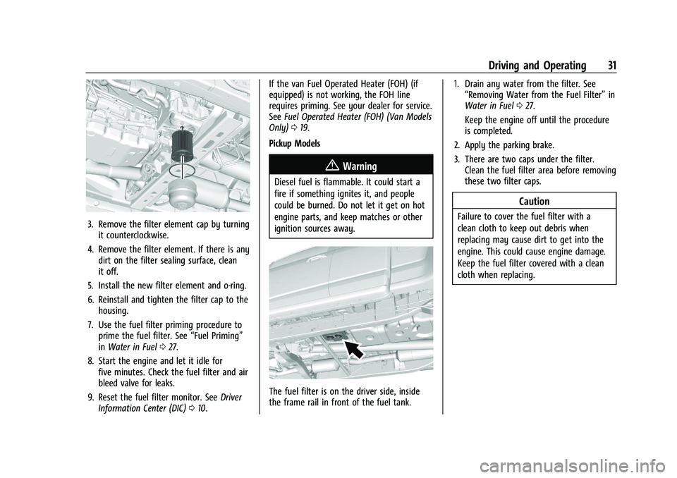 CHEVROLET COLORADO 2021  Duramax Diesel Supplement Chevrolet/GMC 2.8L Duramax Diesel Engine Supplement (GMNA-Localizing-
U.S./Canada-14465442) - 2021 - CRC - 2/3/20
Driving and Operating 31
3. Remove the filter element cap by turningit counterclockwis
