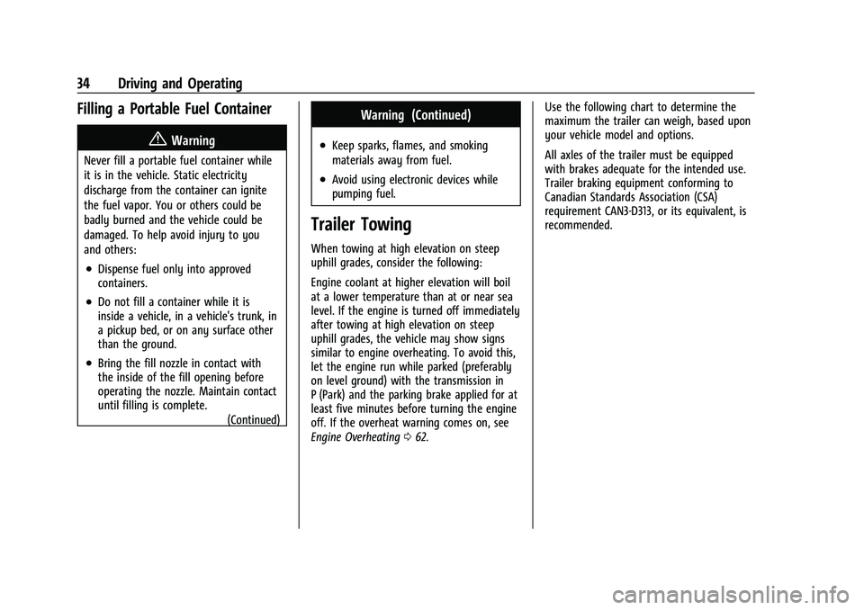 CHEVROLET COLORADO 2021  Duramax Diesel Supplement Chevrolet/GMC 2.8L Duramax Diesel Engine Supplement (GMNA-Localizing-
U.S./Canada-14465442) - 2021 - CRC - 2/3/20
34 Driving and Operating
Filling a Portable Fuel Container
{Warning
Never fill a porta