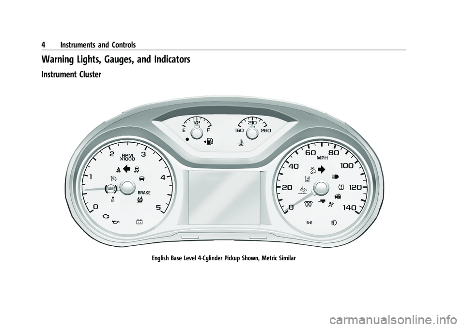 CHEVROLET COLORADO 2021 Duramax Diesel Supplement Chevrolet/GMC 2.8L Duramax Diesel Engine Supplement (GMNA-Localizing-
U.S./Canada-14465442) - 2021 - CRC - 2/3/20
4 Instruments and Controls
Warning Lights, Gauges, and Indicators
Instrument Cluster
E CHEVROLET COLORADO 2021 Duramax Diesel Supplement Chevrolet/GMC 2.8L Duramax Diesel Engine Supplement (GMNA-Localizing-
U.S./Canada-14465442) - 2021 - CRC - 2/3/20
4 Instruments and Controls
Warning Lights, Gauges, and Indicators
Instrument Cluster
E