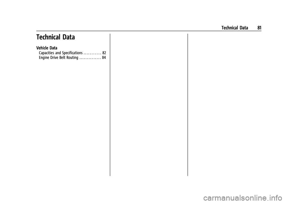 CHEVROLET COLORADO 2021  Duramax Diesel Supplement Chevrolet/GMC 2.8L Duramax Diesel Engine Supplement (GMNA-Localizing-
U.S./Canada-14465442) - 2021 - CRC - 2/3/20
Technical Data 81
Technical Data
Vehicle Data
Capacities and Specifications . . . . . 