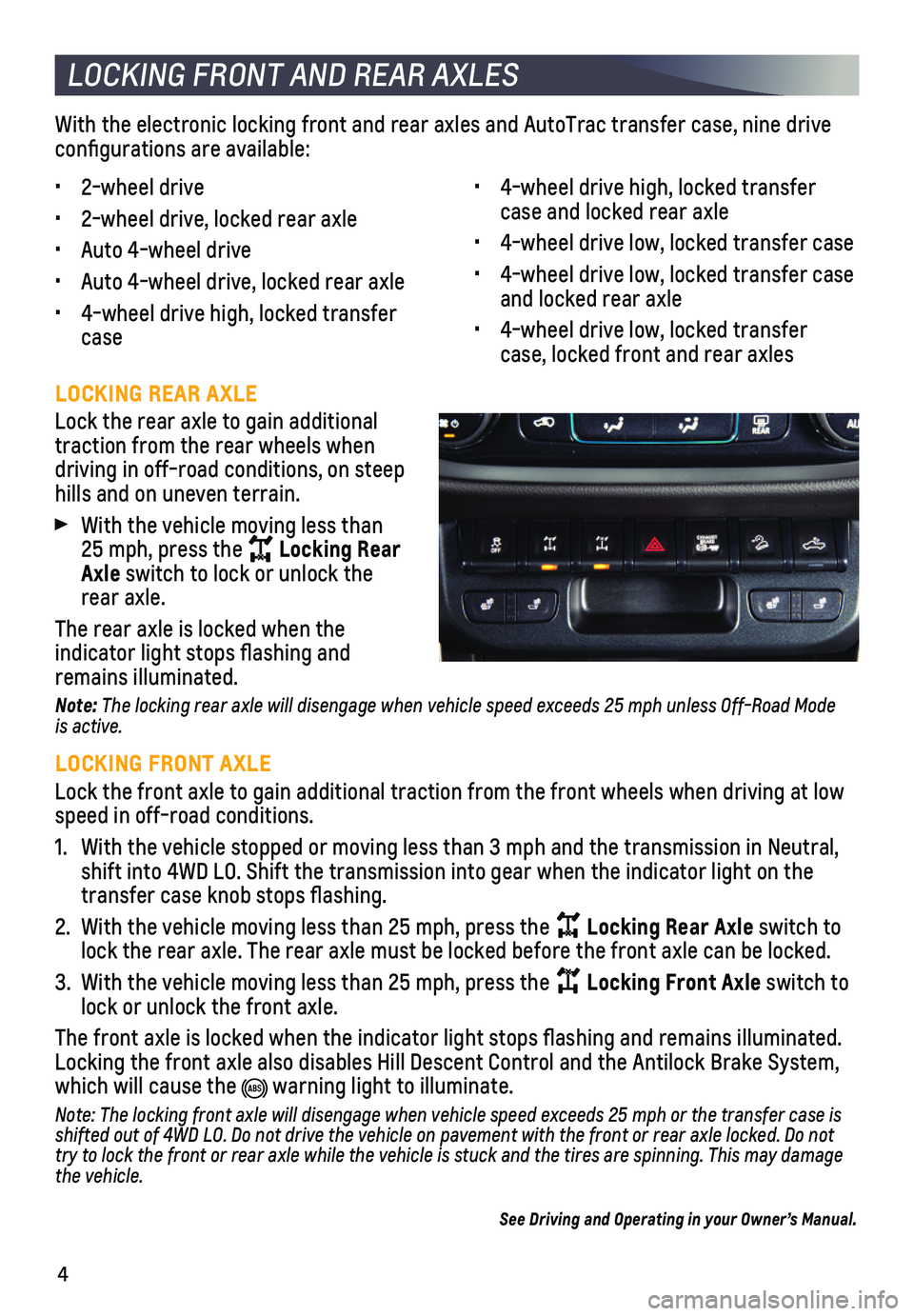 CHEVROLET COLORADO 2021  Get To Know Guide ZR2 4
LOCKING REAR AXLE
Lock the rear axle to gain additional  
traction from the rear wheels when  
driving in off-road conditions, on steep hills and on uneven terrain.
 With the vehicle moving less tha