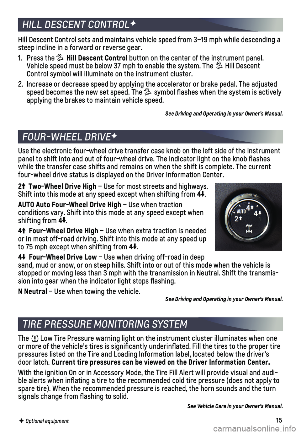 CHEVROLET COLORADO 2021 Get To Know Guide 15
FOUR-WHEEL DRIVEF
The Low Tire Pressure warning light on the instrument cluster illuminates wh\
en one or more of the vehicle’s tires is significantly underinflated. Fi\
ll the tires to the prop CHEVROLET COLORADO 2021 Get To Know Guide 15
FOUR-WHEEL DRIVEF
The Low Tire Pressure warning light on the instrument cluster illuminates wh\
en one or more of the vehicle’s tires is significantly underinflated. Fi\
ll the tires to the prop