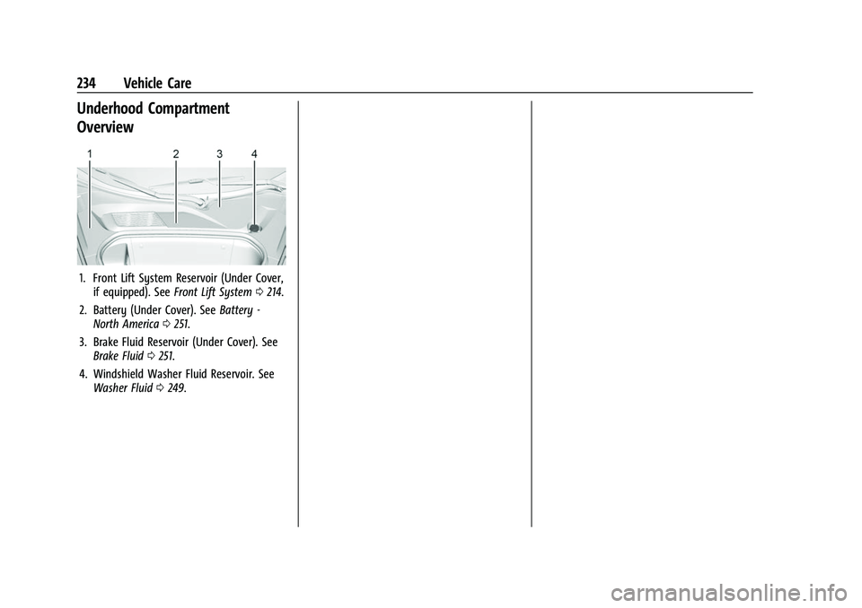 CHEVROLET CORVETTE 2021 Owners Manual Chevrolet Corvette Owner Manual (GMNA-Localizing-U.S./Canada/Mexico-
14622938) - 2021 - CRC - 2/10/21
234 Vehicle Care
Underhood Compartment
Overview
1. Front Lift System Reservoir (Under Cover,if equ CHEVROLET CORVETTE 2021 Owners Manual Chevrolet Corvette Owner Manual (GMNA-Localizing-U.S./Canada/Mexico-
14622938) - 2021 - CRC - 2/10/21
234 Vehicle Care
Underhood Compartment
Overview
1. Front Lift System Reservoir (Under Cover,if equ