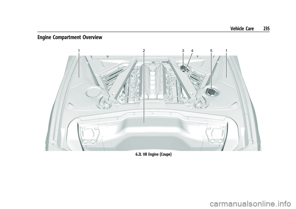 CHEVROLET CORVETTE 2021 Owners Manual Chevrolet Corvette Owner Manual (GMNA-Localizing-U.S./Canada/Mexico-
14622938) - 2021 - CRC - 2/10/21
Vehicle Care 235
Engine Compartment Overview
6.2L V8 Engine (Coupe) CHEVROLET CORVETTE 2021 Owners Manual Chevrolet Corvette Owner Manual (GMNA-Localizing-U.S./Canada/Mexico-
14622938) - 2021 - CRC - 2/10/21
Vehicle Care 235
Engine Compartment Overview
6.2L V8 Engine (Coupe)
