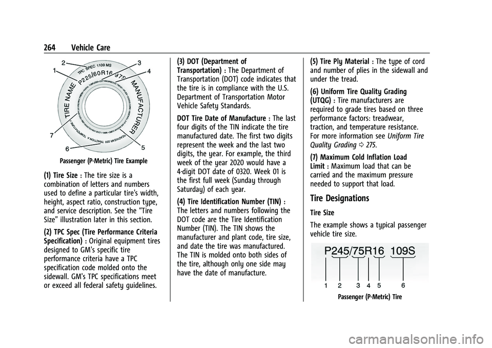 CHEVROLET CORVETTE 2021 Owners Manual Chevrolet Corvette Owner Manual (GMNA-Localizing-U.S./Canada/Mexico-
14622938) - 2021 - CRC - 2/10/21
264 Vehicle Care
Passenger (P-Metric) Tire Example
(1) Tire Size:The tire size is a
combination of CHEVROLET CORVETTE 2021 Owners Manual Chevrolet Corvette Owner Manual (GMNA-Localizing-U.S./Canada/Mexico-
14622938) - 2021 - CRC - 2/10/21
264 Vehicle Care
Passenger (P-Metric) Tire Example
(1) Tire Size:The tire size is a
combination of