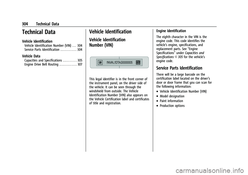 CHEVROLET CORVETTE 2021 Owners Manual Chevrolet Corvette Owner Manual (GMNA-Localizing-U.S./Canada/Mexico-
14622938) - 2021 - CRC - 2/10/21
304 Technical Data
Technical Data
Vehicle Identification
Vehicle Identification Number (VIN) . . . CHEVROLET CORVETTE 2021 Owners Manual Chevrolet Corvette Owner Manual (GMNA-Localizing-U.S./Canada/Mexico-
14622938) - 2021 - CRC - 2/10/21
304 Technical Data
Technical Data
Vehicle Identification
Vehicle Identification Number (VIN) . . .