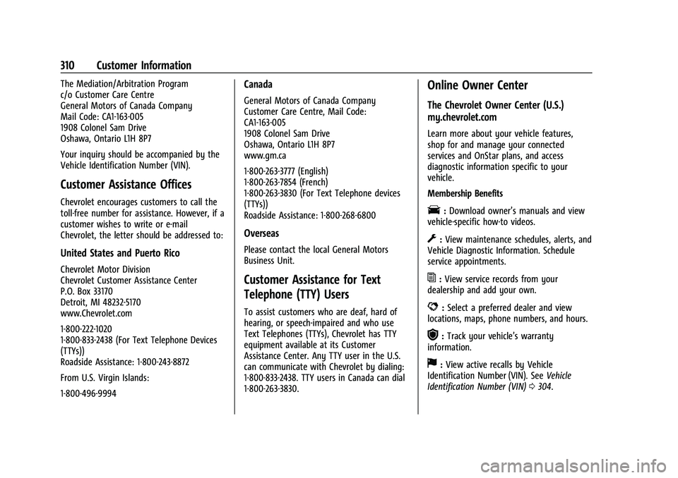 CHEVROLET CORVETTE 2021 Owners Manual Chevrolet Corvette Owner Manual (GMNA-Localizing-U.S./Canada/Mexico-
14622938) - 2021 - CRC - 2/10/21
310 Customer Information
The Mediation/Arbitration Program
c/o Customer Care Centre
General Motors CHEVROLET CORVETTE 2021 Owners Manual Chevrolet Corvette Owner Manual (GMNA-Localizing-U.S./Canada/Mexico-
14622938) - 2021 - CRC - 2/10/21
310 Customer Information
The Mediation/Arbitration Program
c/o Customer Care Centre
General Motors