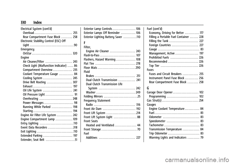 CHEVROLET CORVETTE 2021 Owners Manual Chevrolet Corvette Owner Manual (GMNA-Localizing-U.S./Canada/Mexico-
14622938) - 2021 - CRC - 2/10/21
330 Index
Electrical System (cont'd)Overload . . . . . . . . . . . . . . . . . . . . . . . . . CHEVROLET CORVETTE 2021 Owners Manual Chevrolet Corvette Owner Manual (GMNA-Localizing-U.S./Canada/Mexico-
14622938) - 2021 - CRC - 2/10/21
330 Index
Electrical System (cont'd)Overload . . . . . . . . . . . . . . . . . . . . . . . . .