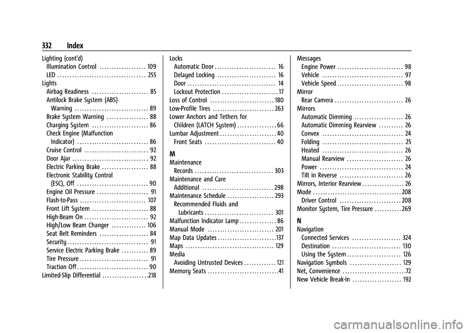 CHEVROLET CORVETTE 2021  Owners Manual Chevrolet Corvette Owner Manual (GMNA-Localizing-U.S./Canada/Mexico-
14622938) - 2021 - CRC - 2/10/21
332 Index
Lighting (cont'd)Illumination Control . . . . . . . . . . . . . . . . . . . 109
LED 