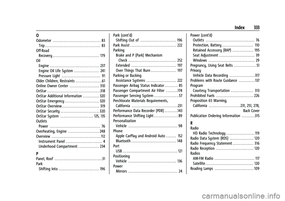 CHEVROLET CORVETTE 2021 Owners Manual Chevrolet Corvette Owner Manual (GMNA-Localizing-U.S./Canada/Mexico-
14622938) - 2021 - CRC - 2/10/21
Index 333
O
Odometer . . . . . . . . . . . . . . . . . . . . . . . . . . . . . . . . 83Trip . . . CHEVROLET CORVETTE 2021 Owners Manual Chevrolet Corvette Owner Manual (GMNA-Localizing-U.S./Canada/Mexico-
14622938) - 2021 - CRC - 2/10/21
Index 333
O
Odometer . . . . . . . . . . . . . . . . . . . . . . . . . . . . . . . . 83Trip . . .