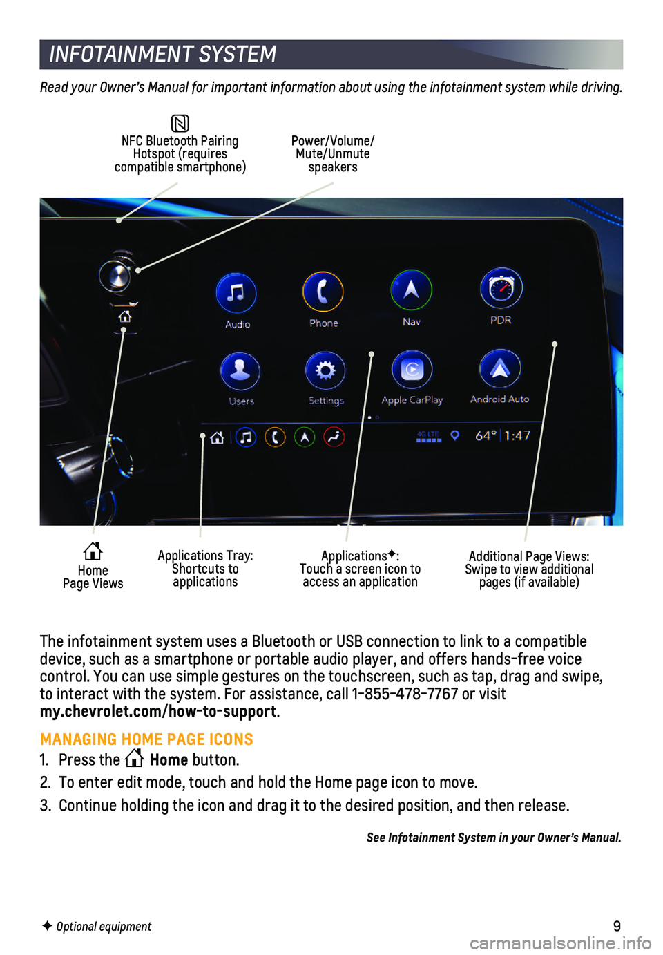 CHEVROLET CORVETTE 2021  Get To Know Guide 9
INFOTAINMENT SYSTEM
F Optional equipment
 NFC Bluetooth Pairing Hotspot (requires compatible smartphone)
Power/Volume/Mute/Unmute speakers
Additional Page Views: Swipe to view additional pages (if a