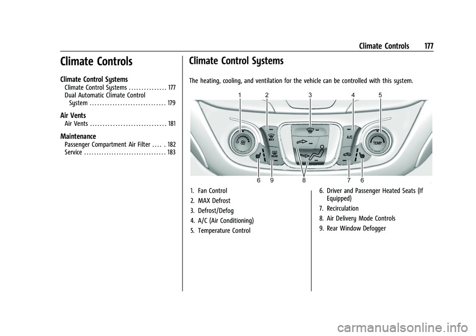 CHEVROLET EQUINOX 2021  Owners Manual Chevrolet Equinox Owner Manual (GMNA-Localizing-U.S./Canada/Mexico-
14420010) - 2021 - CRC - 11/10/20
Climate Controls 177
Climate Controls
Climate Control Systems
Climate Control Systems . . . . . . 