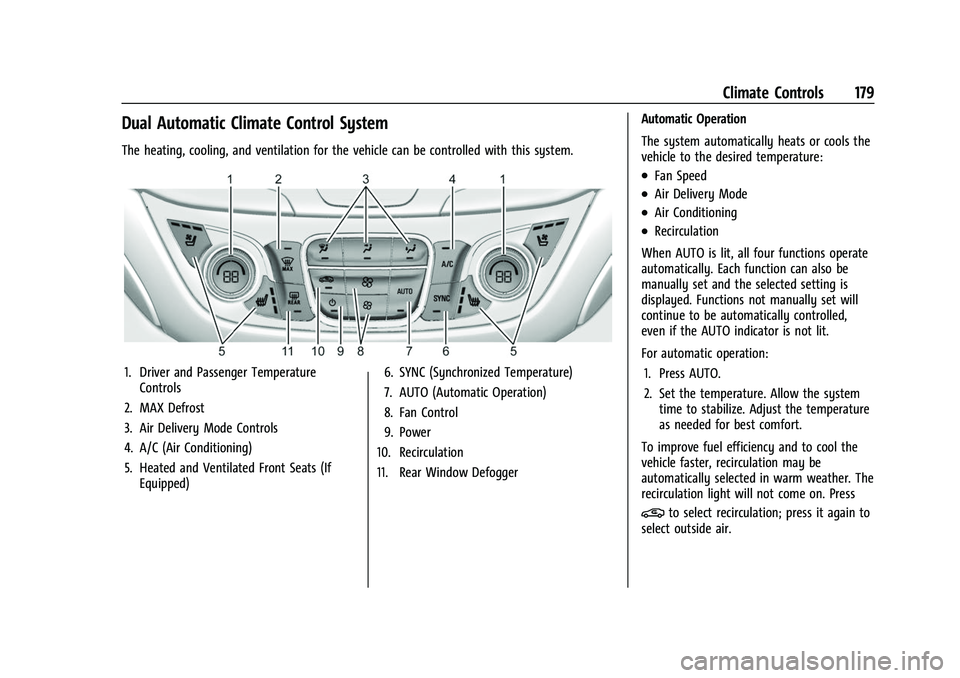 CHEVROLET EQUINOX 2021  Owners Manual Chevrolet Equinox Owner Manual (GMNA-Localizing-U.S./Canada/Mexico-
14420010) - 2021 - CRC - 11/10/20
Climate Controls 179
Dual Automatic Climate Control System
The heating, cooling, and ventilation f