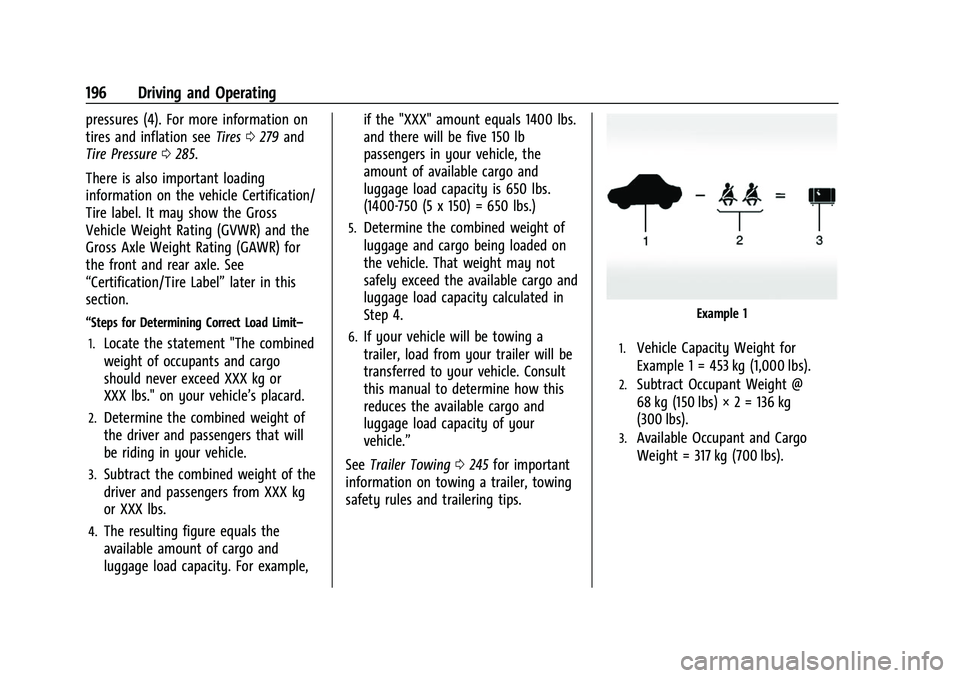 CHEVROLET EQUINOX 2021  Owners Manual Chevrolet Equinox Owner Manual (GMNA-Localizing-U.S./Canada/Mexico-
14420010) - 2021 - CRC - 11/12/20
196 Driving and Operating
pressures (4). For more information on
tires and inflation seeTires0279 