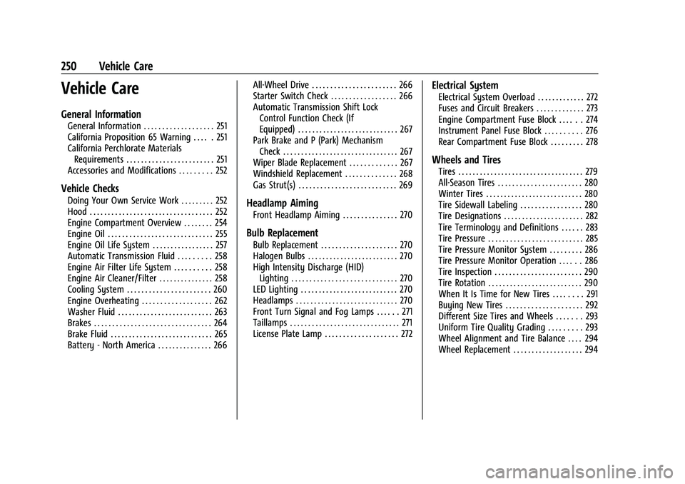 CHEVROLET EQUINOX 2021 User Guide Chevrolet Equinox Owner Manual (GMNA-Localizing-U.S./Canada/Mexico-
14420010) - 2021 - CRC - 11/10/20
250 Vehicle Care
Vehicle Care
General Information
General Information . . . . . . . . . . . . . . 