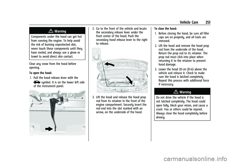CHEVROLET EQUINOX 2021  Owners Manual Chevrolet Equinox Owner Manual (GMNA-Localizing-U.S./Canada/Mexico-
14420010) - 2021 - CRC - 11/10/20
Vehicle Care 253
{Warning
Components under the hood can get hot
from running the engine. To help a