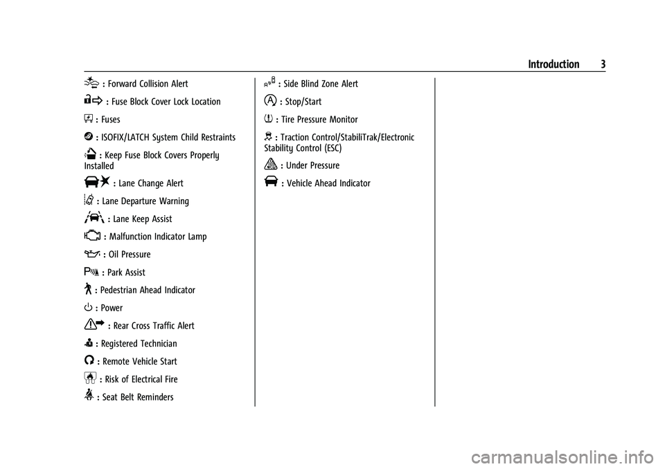 CHEVROLET EQUINOX 2021  Owners Manual Chevrolet Equinox Owner Manual (GMNA-Localizing-U.S./Canada/Mexico-
14420010) - 2021 - CRC - 11/10/20
Introduction 3
[:Forward Collision Alert
R:Fuse Block Cover Lock Location
+:Fuses
j:ISOFIX/LATCH S