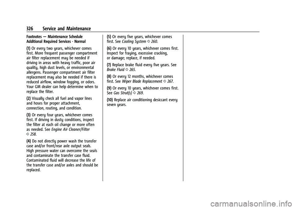CHEVROLET EQUINOX 2021 Owners Manual Chevrolet Equinox Owner Manual (GMNA-Localizing-U.S./Canada/Mexico-
14420010) - 2021 - CRC - 11/10/20
326 Service and Maintenance
Footnotes—Maintenance Schedule
Additional Required Services - Normal CHEVROLET EQUINOX 2021 Owners Manual Chevrolet Equinox Owner Manual (GMNA-Localizing-U.S./Canada/Mexico-
14420010) - 2021 - CRC - 11/10/20
326 Service and Maintenance
Footnotes—Maintenance Schedule
Additional Required Services - Normal