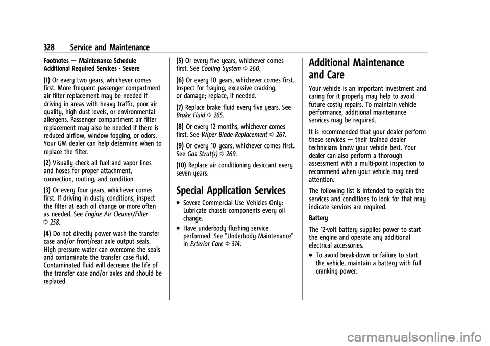 CHEVROLET EQUINOX 2021 Owners Manual Chevrolet Equinox Owner Manual (GMNA-Localizing-U.S./Canada/Mexico-
14420010) - 2021 - CRC - 11/10/20
328 Service and Maintenance
Footnotes—Maintenance Schedule
Additional Required Services - Severe CHEVROLET EQUINOX 2021 Owners Manual Chevrolet Equinox Owner Manual (GMNA-Localizing-U.S./Canada/Mexico-
14420010) - 2021 - CRC - 11/10/20
328 Service and Maintenance
Footnotes—Maintenance Schedule
Additional Required Services - Severe
