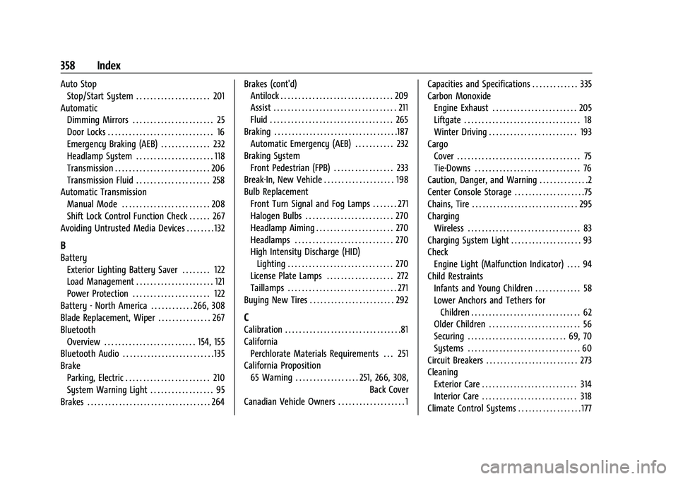 CHEVROLET EQUINOX 2021 Owners Manual Chevrolet Equinox Owner Manual (GMNA-Localizing-U.S./Canada/Mexico-
14420010) - 2021 - CRC - 11/10/20
358 Index
Auto StopStop/Start System . . . . . . . . . . . . . . . . . . . . . 201
Automatic Dimmi CHEVROLET EQUINOX 2021 Owners Manual Chevrolet Equinox Owner Manual (GMNA-Localizing-U.S./Canada/Mexico-
14420010) - 2021 - CRC - 11/10/20
358 Index
Auto StopStop/Start System . . . . . . . . . . . . . . . . . . . . . 201
Automatic Dimmi