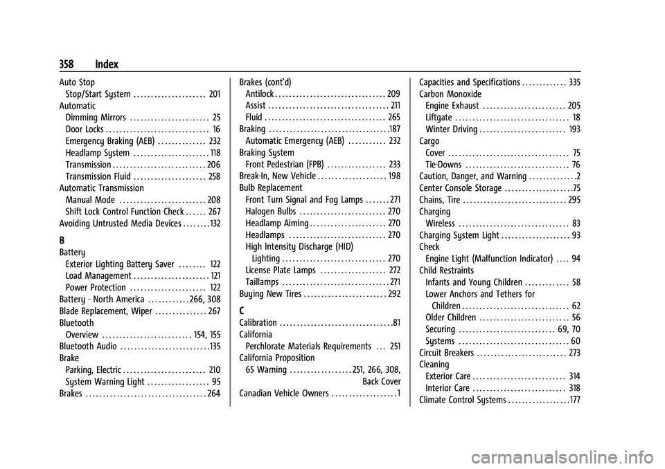 CHEVROLET EQUINOX 2021  Owners Manual Chevrolet Equinox Owner Manual (GMNA-Localizing-U.S./Canada/Mexico-
14420010) - 2021 - CRC - 11/10/20
358 Index
Auto StopStop/Start System . . . . . . . . . . . . . . . . . . . . . 201
Automatic Dimmi