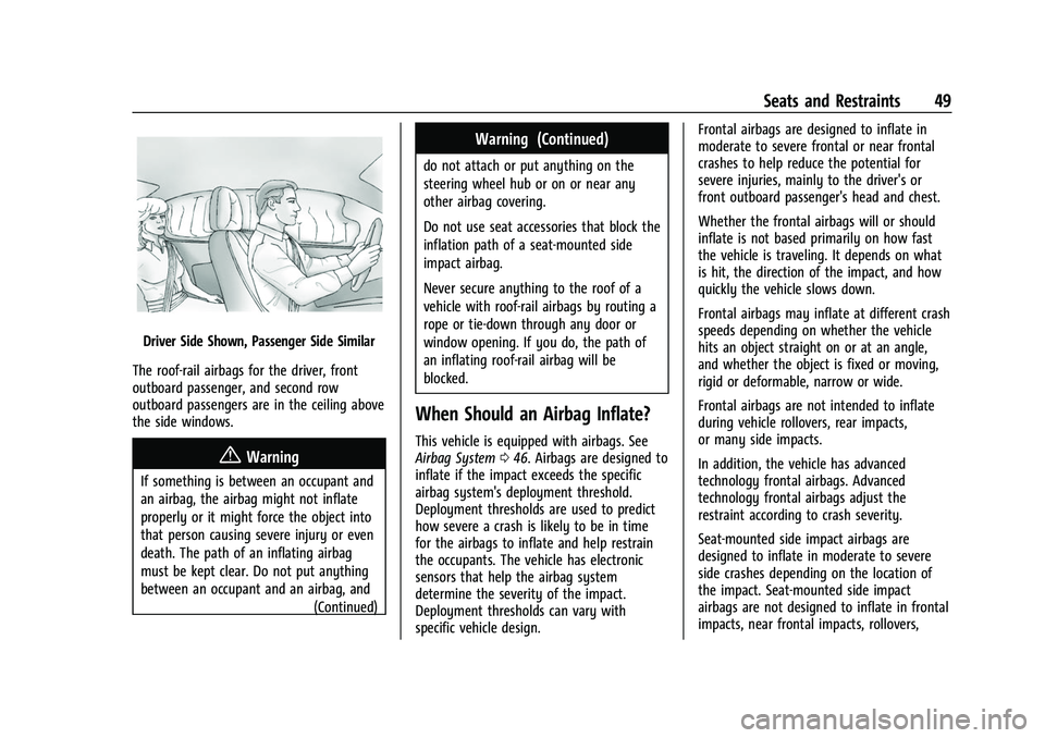 CHEVROLET EQUINOX 2021 Service Manual Chevrolet Equinox Owner Manual (GMNA-Localizing-U.S./Canada/Mexico-
14420010) - 2021 - CRC - 11/10/20
Seats and Restraints 49
Driver Side Shown, Passenger Side Similar
The roof-rail airbags for the dr CHEVROLET EQUINOX 2021 Service Manual Chevrolet Equinox Owner Manual (GMNA-Localizing-U.S./Canada/Mexico-
14420010) - 2021 - CRC - 11/10/20
Seats and Restraints 49
Driver Side Shown, Passenger Side Similar
The roof-rail airbags for the dr
