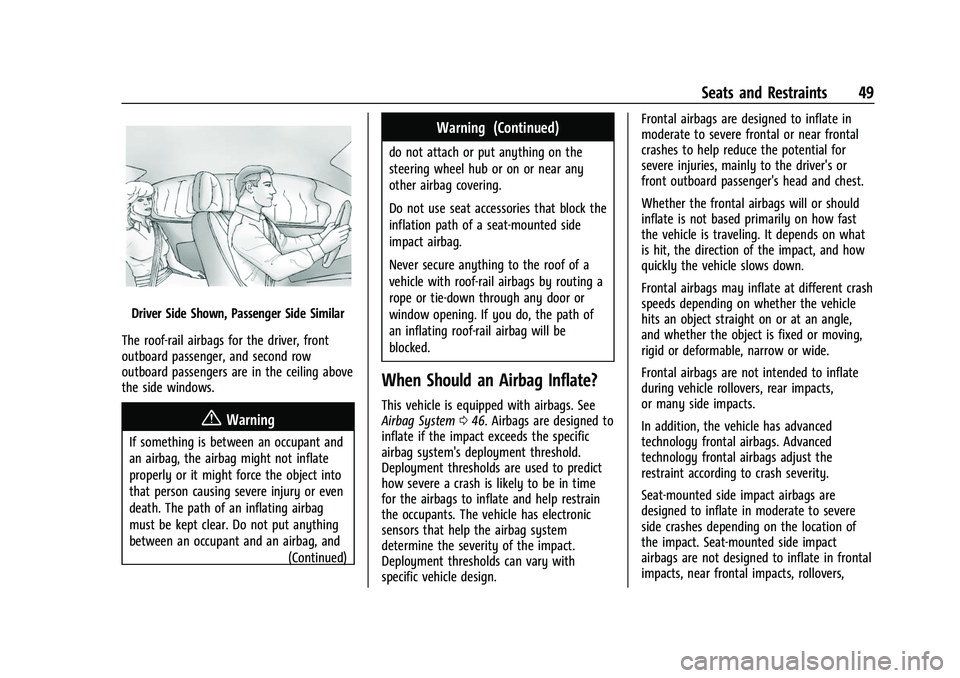 CHEVROLET EQUINOX 2021 Owners Guide Chevrolet Equinox Owner Manual (GMNA-Localizing-U.S./Canada/Mexico-
14420010) - 2021 - CRC - 11/10/20
Seats and Restraints 49
Driver Side Shown, Passenger Side Similar
The roof-rail airbags for the dr