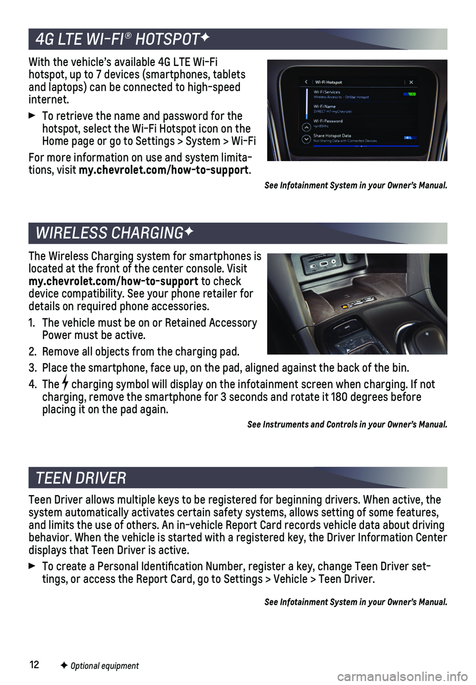 CHEVROLET EQUINOX 2021 Get To Know Guide 12F Optional equipment
4G LTE WI-FI® HOTSPOTF
WIRELESS CHARGINGF
TEEN DRIVER
With the vehicle’s available 4G LTE Wi-Fi hotspot, up to 7 devices (smartphones, tablets and laptops) can be connected CHEVROLET EQUINOX 2021 Get To Know Guide 12F Optional equipment
4G LTE WI-FI® HOTSPOTF
WIRELESS CHARGINGF
TEEN DRIVER
With the vehicle’s available 4G LTE Wi-Fi hotspot, up to 7 devices (smartphones, tablets and laptops) can be connected